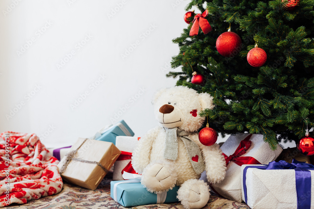 Christmas tree new year decor presents white background place for inscription