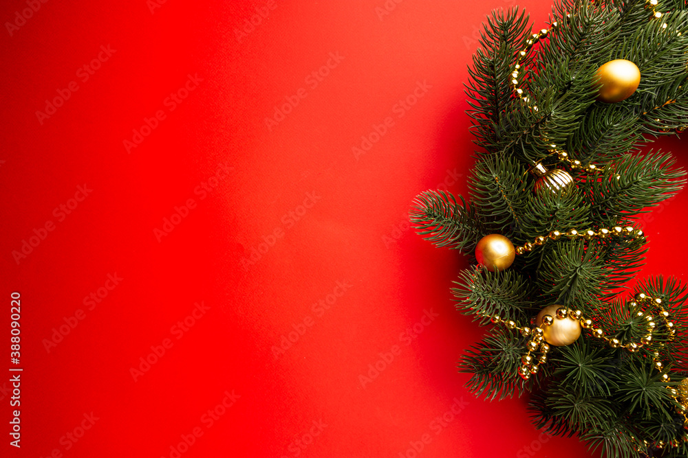 Christmas holidays composition on red background with copy space for your text Christmas holidays composition on red background with copy space for your text