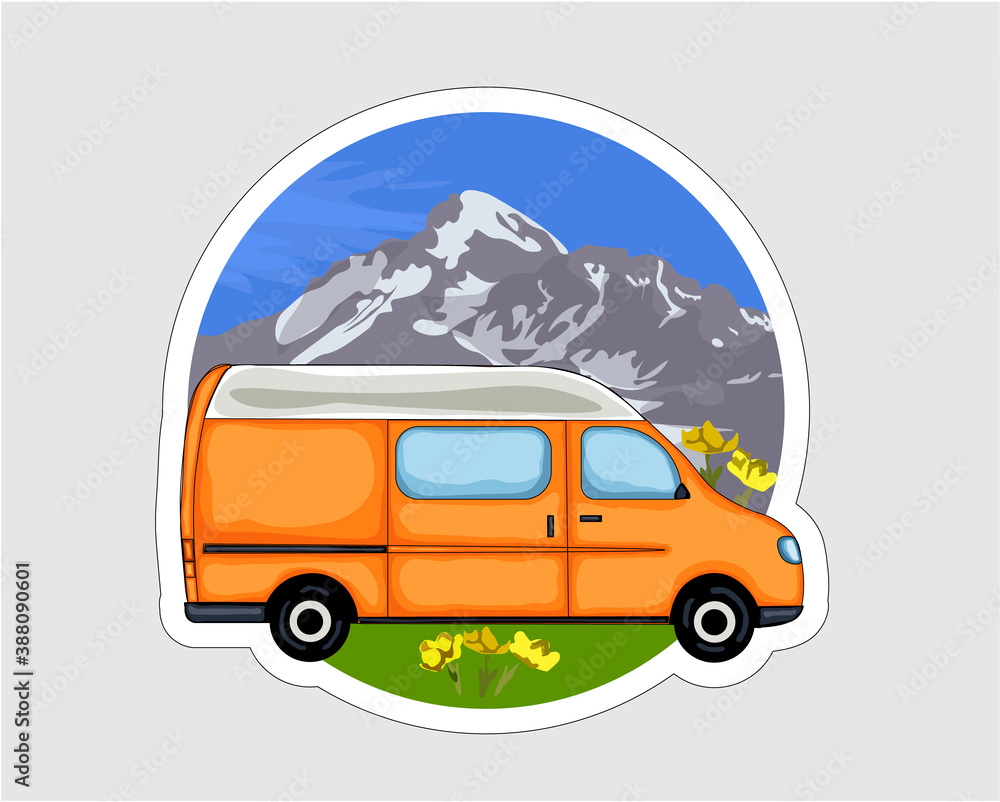 Van Life sticker. Orange van with forest and mountains in the background. Living van life, camping in the nature, travelling. Vector illustration.