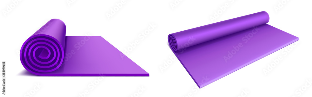 Yoga mat top and side view, purple rolled mattress for fitness exercises, stretching, meditation, sports workout on floor, flat aerobics rug isolated on white background Realistic vector illustration Yoga mat top and side view, purple rolled mattress for fitness exercises, stretching, meditation, sports workout on floor, flat aerobics rug isolated on white background Realistic vector illustration