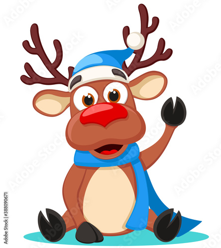 Deer in a hat and scarf sits and waves, character. Happy New Year and Merry Christmas