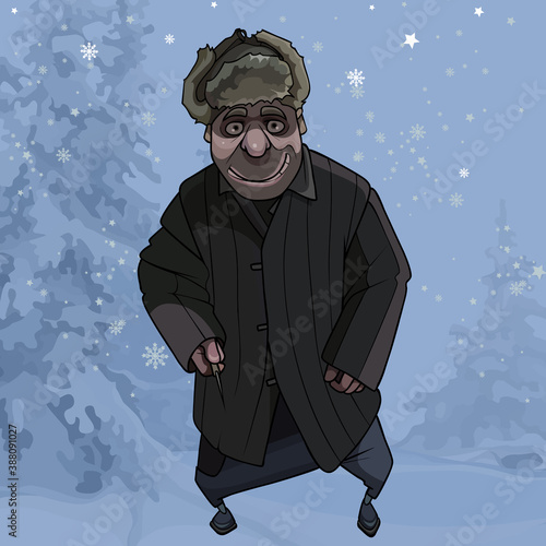 cartoon man in a quilted jacket with an awl in his hand stands in a winter forest