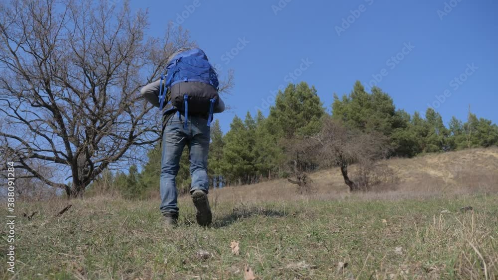man traveler with backpack walking in the forest rises to a hill mountain. Tourism Traveling Healthy Lifestyle Active Concept. man tourist hiker with a large hiking backpack climbs a hill in the man traveler with backpack walking in the forest rises to a hill mountain. Tourism Traveling Healthy Lifestyle Active Concept. man tourist hiker with a large hiking backpack climbs a hill in the