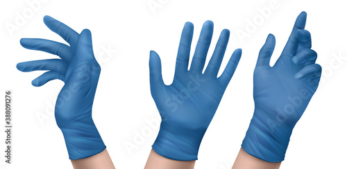 Blue nitrile medical gloves on hands. Vector realistic set of latex or rubber sterile gloves for doctor, surgeon or nurse. Hospital and laboratory equipment for protection against virus and infection