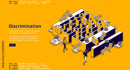 Discrimination banner. Concept of gender inequality in business, difference in wage and opportunities for professional career. Vector isometric illustration of maze, money, woman and man