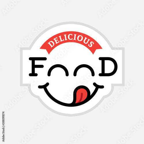 Yummy food vector logo with funny smiling face. Mouth with a stuck out tongue. Delicious recipe, tasty dish, cooking icon.
