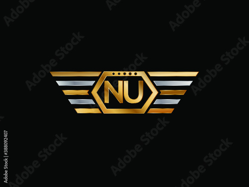 NU wing shape Initial logo letter design art logo, gold color on black background