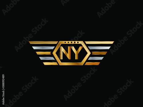 NY wing shape Initial logo letter design art logo, gold color on black background