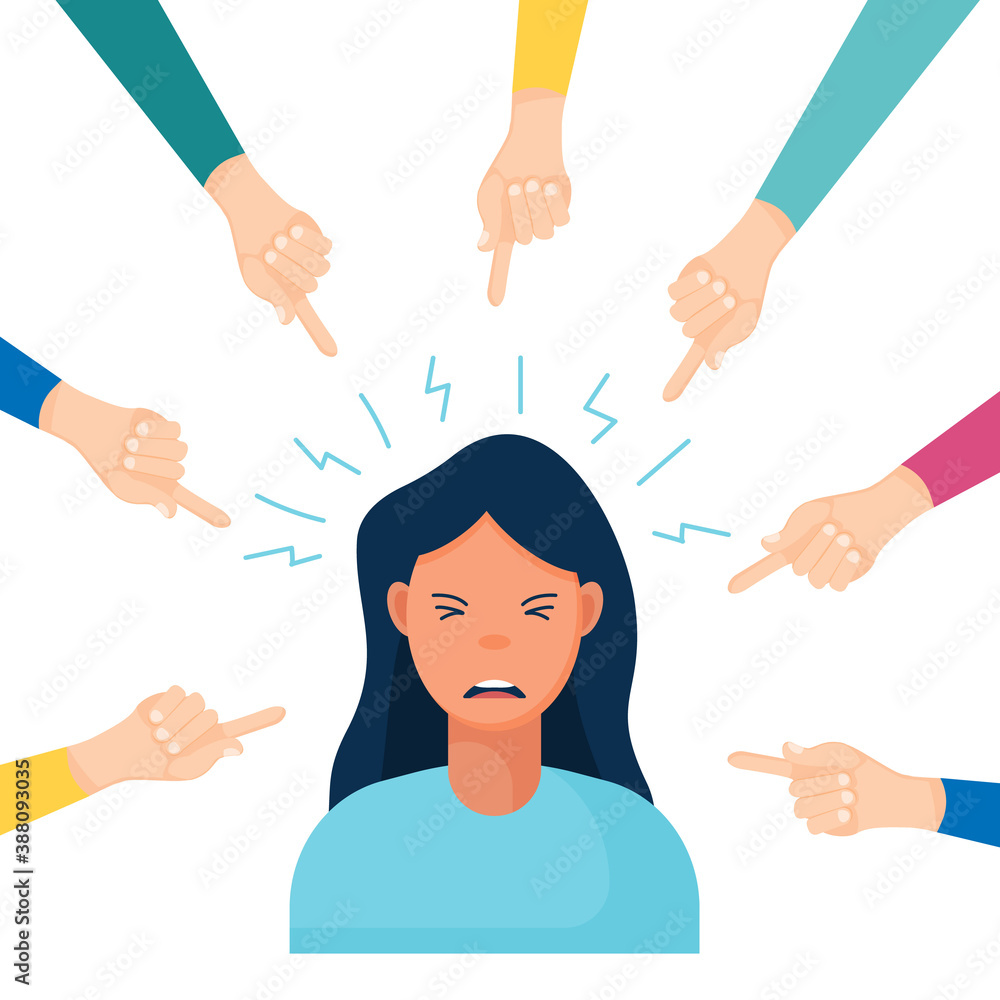 Sad teenage girl sitting on floor surrounded by classmates mocking him, scoffing. Problem of mockery bullying at school Sad teenage girl sitting on floor surrounded by classmates mocking him, scoffing. Problem of mockery bullying at school
