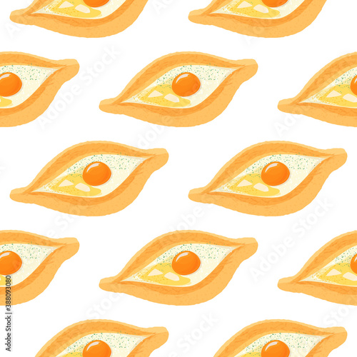 Traditional ajarian and georgian dish khachapuri background. Baked bread filled with cheese, butter and egg. Seamless meal pattern.