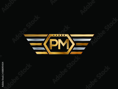 PM wing shape Initial logo letter design art logo, gold color on black background