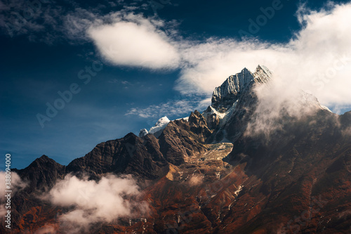 Thamserku peak in Himalaya mountains at sunset.  Khumbu valley, Himalayas, Everest region, Nepal © smallredgirl