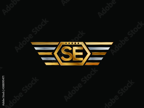 SE wing shape Initial logo letter design art logo, gold color on black background
