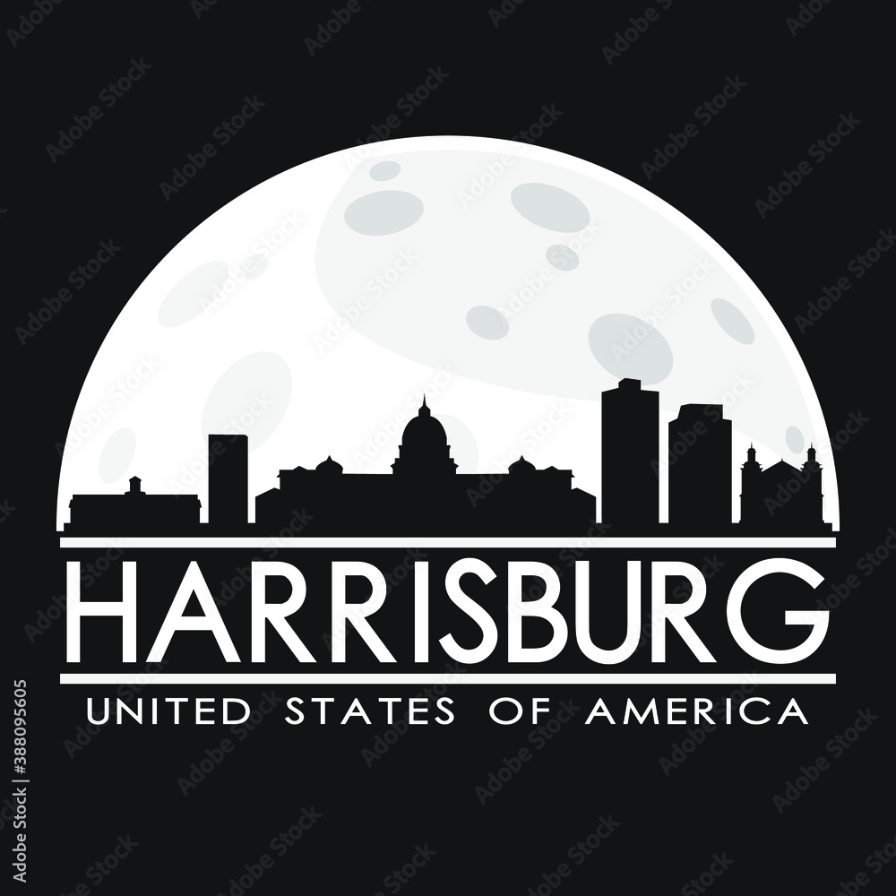 Harrisburg Full Moon Night Skyline Silhouette Design City Vector Art Logo.
