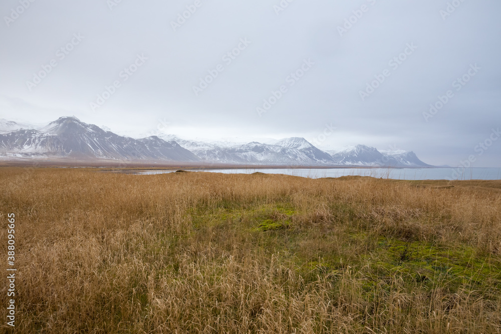 Snowy mountains and grassy shore in Snæfellsnes, Iceland