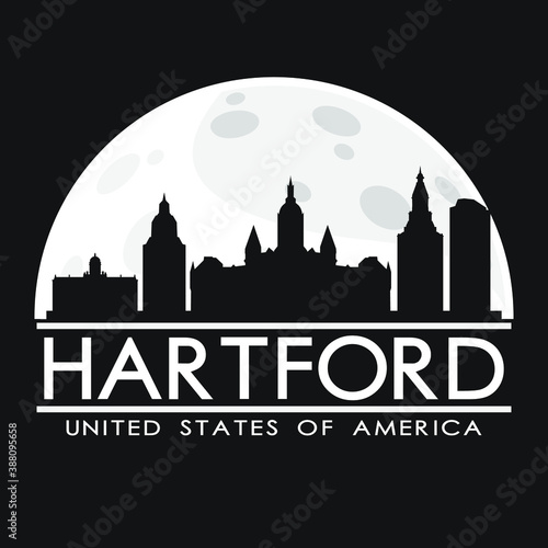 Hartford Full Moon Night Skyline Silhouette Design City Vector Art.