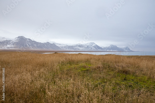 Snowy mountains and grassy shore in Sn  fellsnes  Iceland