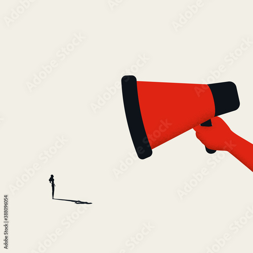 Woman standing in front of megaphone being shout at. Gender or sex issues.