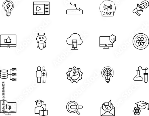 technology vector icon set such as: lead, support, comment, gear, livestream, hat, ecology, lab, window, hacker, micro, eco, gene, study, jet, flask, nucleus, social, like, bot, advertising, safe
