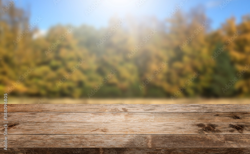 Autumn background, empty old rustic wood table with blur forest trees and sunlight, Autumn fall backdrop, banner for product display copy space, thanksgiving concept rustic textured grungy floor. Autumn background, empty old rustic wood table with blur forest trees and sunlight, Autumn fall backdrop, banner for product display copy space, thanksgiving concept rustic textured grungy floor.