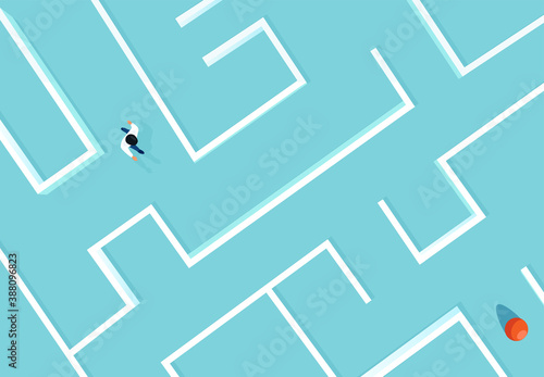 Vector of a businessman walking in a complex maze towards his target