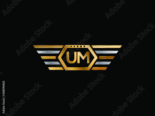 UM wing shape Initial logo letter design art logo, gold color on black background