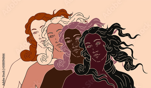 Modern vector line art Illustration or the Venus or Aphrodite Goddess  in doodle sketch style. Diverse women of different ethnicity and appearance. Poster about Feminism and Woman Power issues.