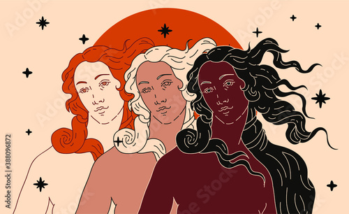 Modern vector line art Illustration or the Venus or Aphrodite Goddess  in doodle sketch style. Diverse women of different ethnicity and appearance. Poster about Feminism and Woman Power issues.