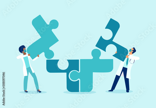 Vector of two doctors putting puzzle pieces together a symbol of team work and collaboration