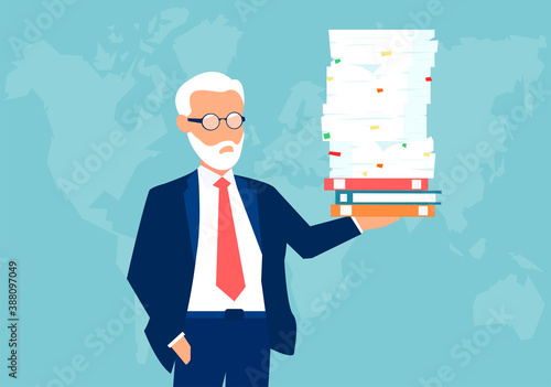 Vector of a senior confident businessman holding a pile of paperwork effortlessly with one hand