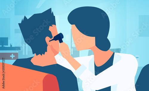 Vector of a doctor checking patients ear with otoscope during medical exam