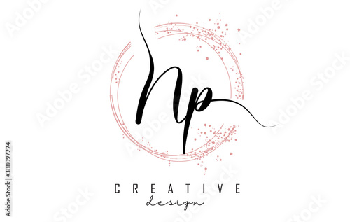 Handwritten Np N p letter logo with sparkling circles with pink glitter.