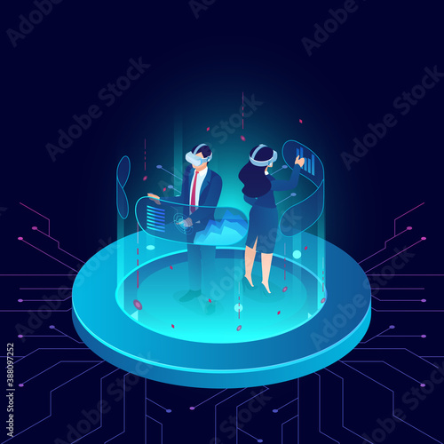 Vector of a man and woman wearing goggle VR headset interacting with touch interface of virtual reality