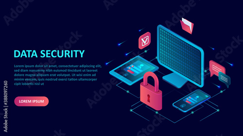 Data internet security concept. Isometric vector of a computer, mobile devices with key lock