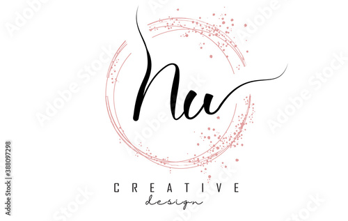 Handwritten NU N U letter logo with sparkling circles with pink glitter.