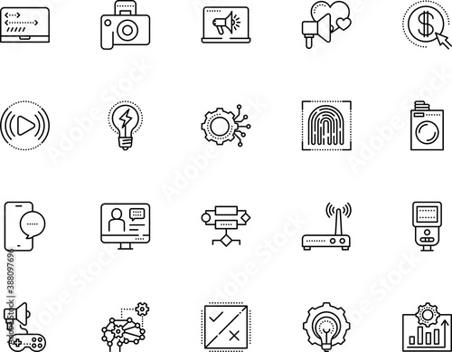 technology vector icon set such as: frame, modem, click, architecture, search, plan, loudspeaker, accessory, speech bubble, future, streaming, teacher, player, scanner, html, external, press, gaming