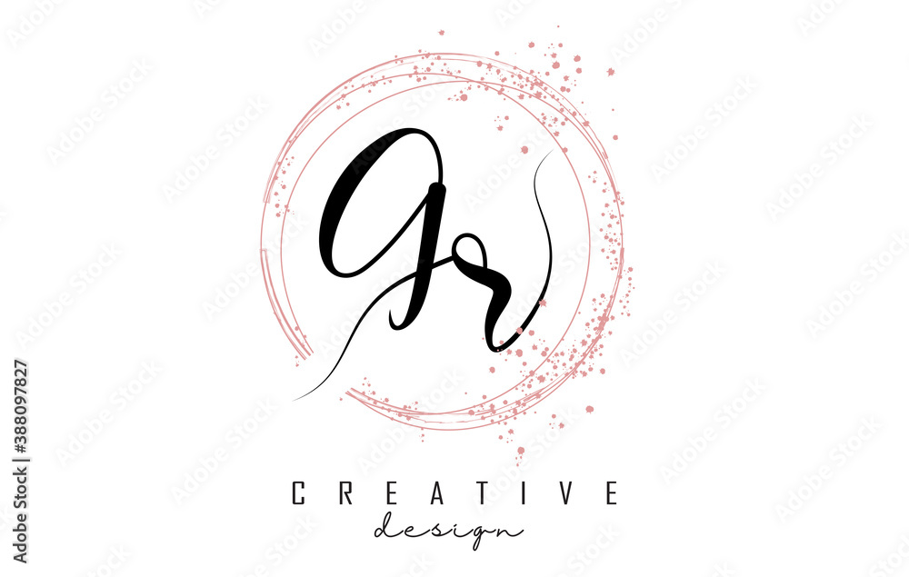 Handwritten GR G R letter logo with sparkling circles with pink glitter. Handwritten GR G R letter logo with sparkling circles with pink glitter.