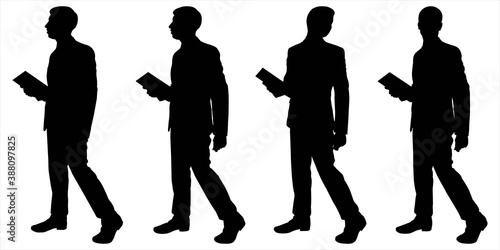 Male silhouette in a business suit and with a folder in his hands. Man in motion. Set of shadows. Vector illustration businessman, worker, office worker, secretary, teacher, boss, manager, accountant.