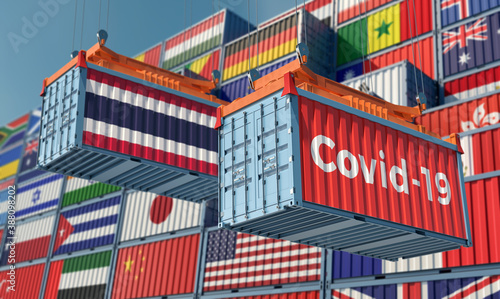 Container with Coronavirus Covid-19 text on the side and container with Thailand Flag. 3D Rendering © Marius Faust