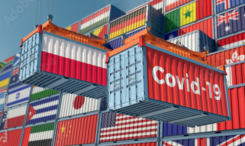 Container with Coronavirus Covid-19 text on the side and container with Poland Flag. 3D Rendering © Marius Faust