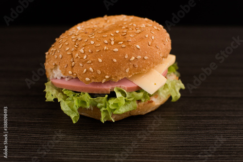 Close-up of a delicious fresh homemade Burger with lettuce, cheese, onion and tomatoes on a dark background