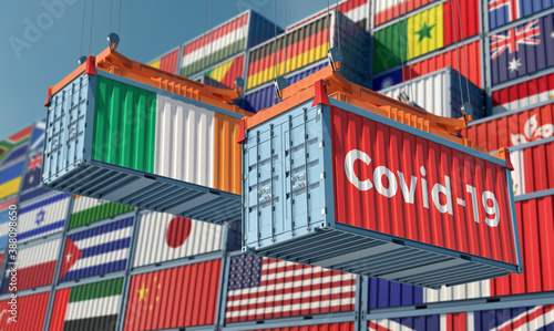 Container with Coronavirus Covid-19 text on the side and container with Ireland Flag. 3D Rendering © Marius Faust