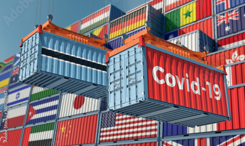 Container with Coronavirus Covid-19 text on the side and container with Botswana Flag. 3D Rendering © Marius Faust