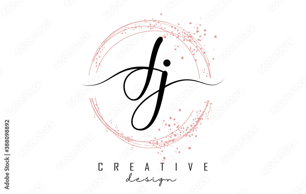 Handwritten JJ J letter logo with sparkling circles with pink glitter. Handwritten JJ J letter logo with sparkling circles with pink glitter.