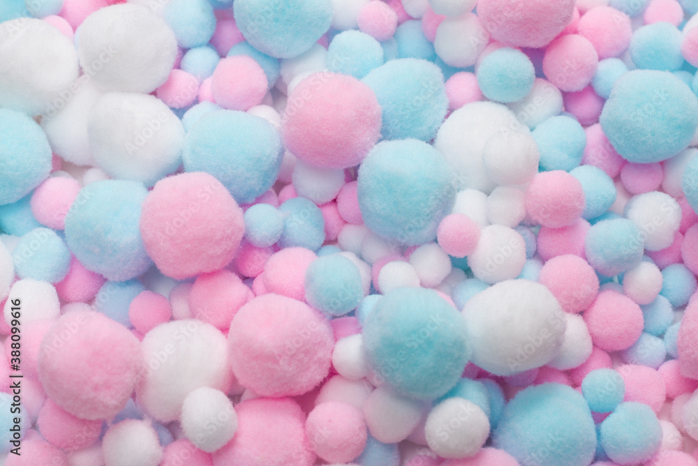White, pink and blue soft pompons. White, pink and blue soft pompons.