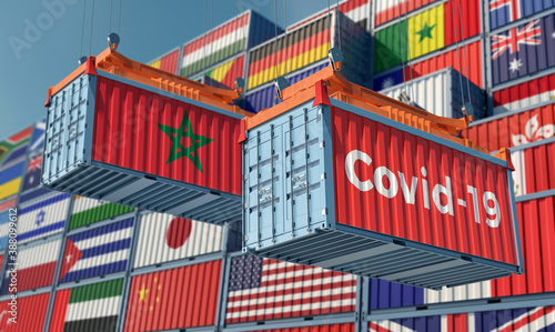 Container with Coronavirus Covid-19 text on the side and container with Morocco Flag. 3D Rendering © Marius Faust