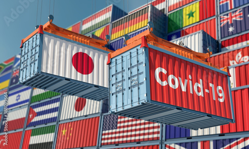 Container with Coronavirus Covid-19 text on the side and container with Japan Flag. 3D Rendering © Marius Faust