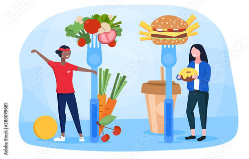 The concept of promoting healthy eating with two girls, one of whom plays sports and eats right, and the other chose fast food. Flat cartoon vector illustration with fictional characters