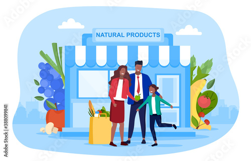 Healthy eating abstract concept with happy young family mom dad and daughter standing in front of a health food store with purchases. Flat cartoon vector illustration with fictional characters