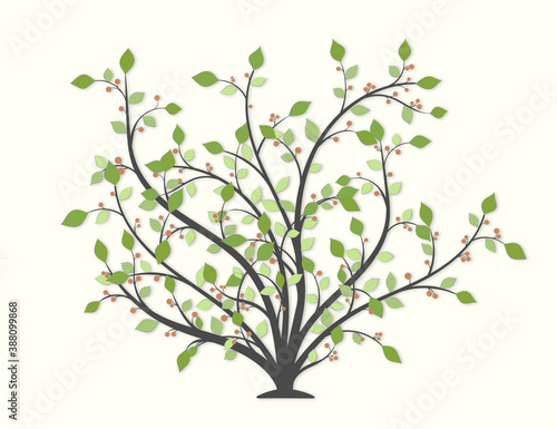 Bush plants with green leaves and red berries on a light background
